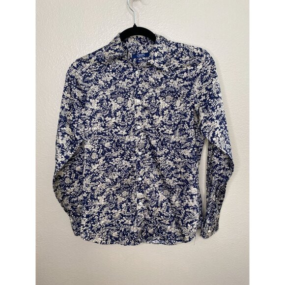 Chaps Blue Womans Blouse Small Cotton Floral‎ Long Sleeve - Picture 2 of 6